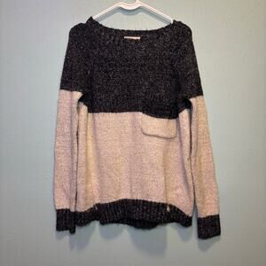 Women's Cozy Casual Black & Beige Colorblock Crew Neck Sweater M